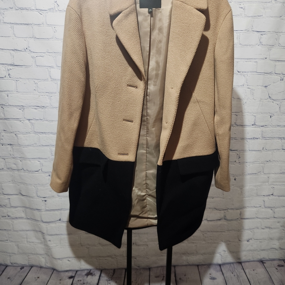 Talbots Tan/Black Colorblock Wool 10p Casual Classic Coat Timeless
